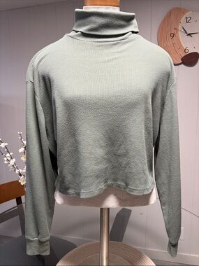 Cropped Waffle Turtleneck Sweatshirt in Sage Green
